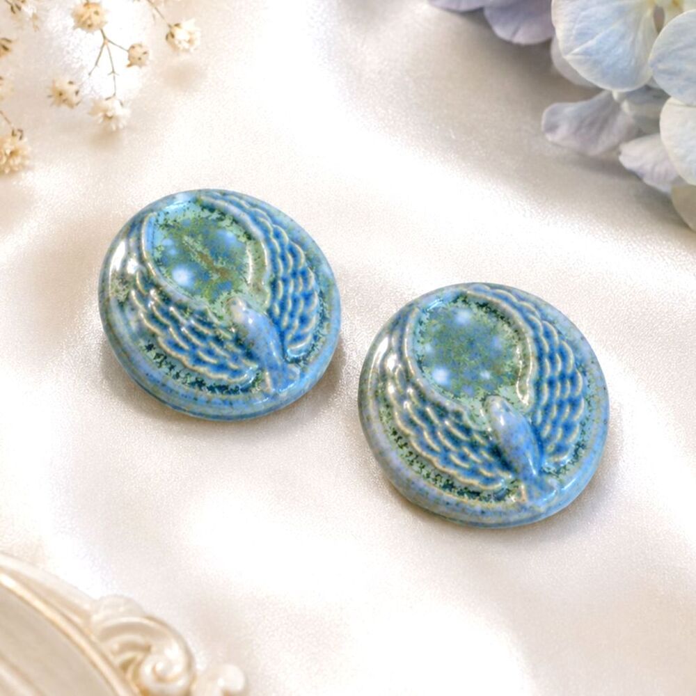 Vintage Blue Porcelain Winged Bird Pierced Earrings